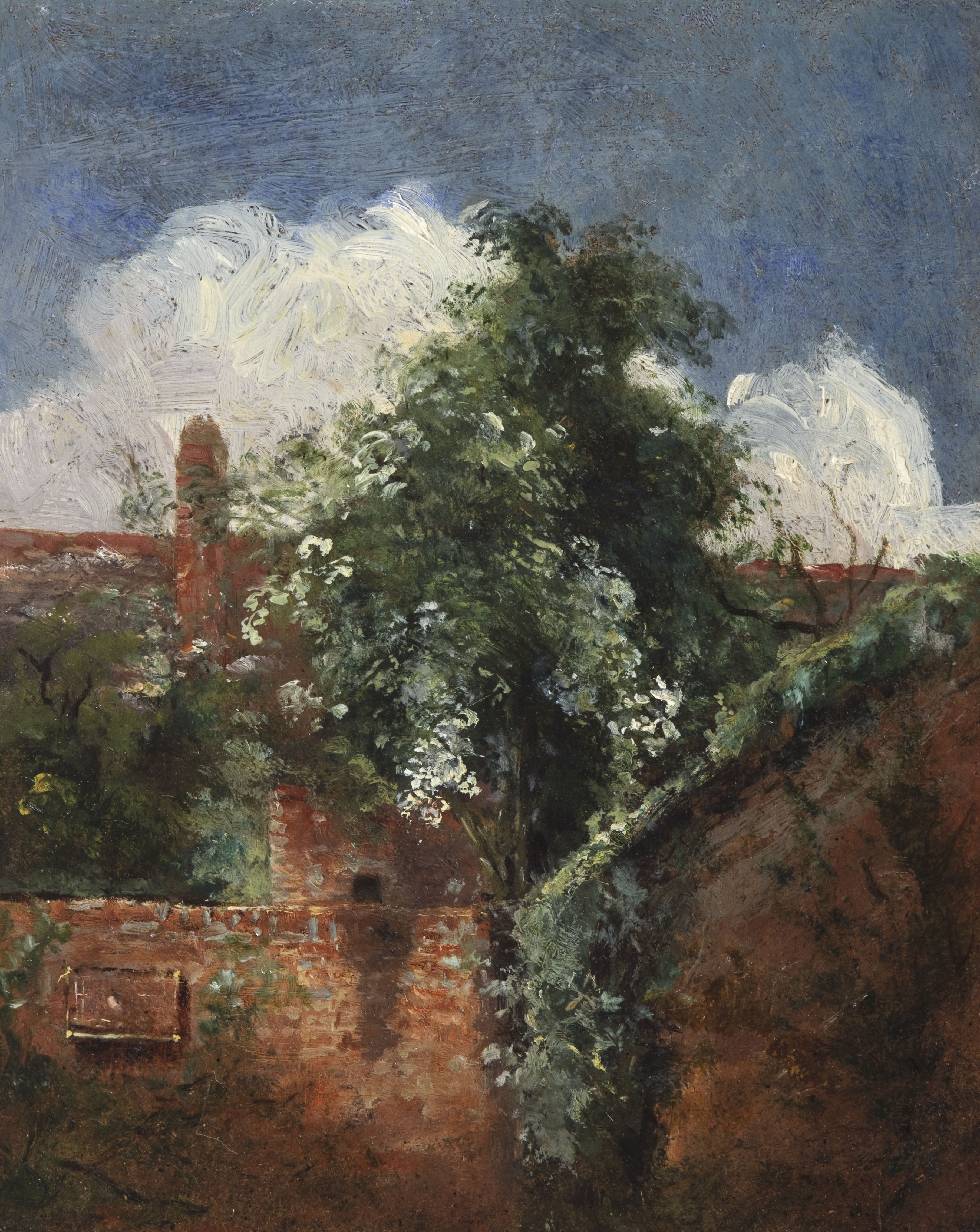 John Constable (East Bergholt 1776 – 1837 Londen), Gezicht op tuinen in Hampstead, met een vlierboom, c. 1821-22. Olieverf op karton. 17,6 × 14 cm. Fondation Custodia, Collectie Frits Lugt, Parijs, inv. 2019-S.58