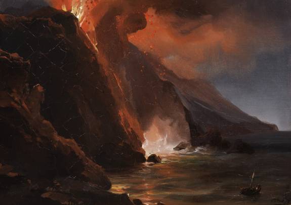 Jean-Charles-Joseph Rémond (Parijs 1795 – 1875 Parijs), Uitbarsting van Stromboli, 30 augustus 1842, 1842. Olieverf op papier, gemonteerd op canvas. 27 × 37 cm. Privécollectie